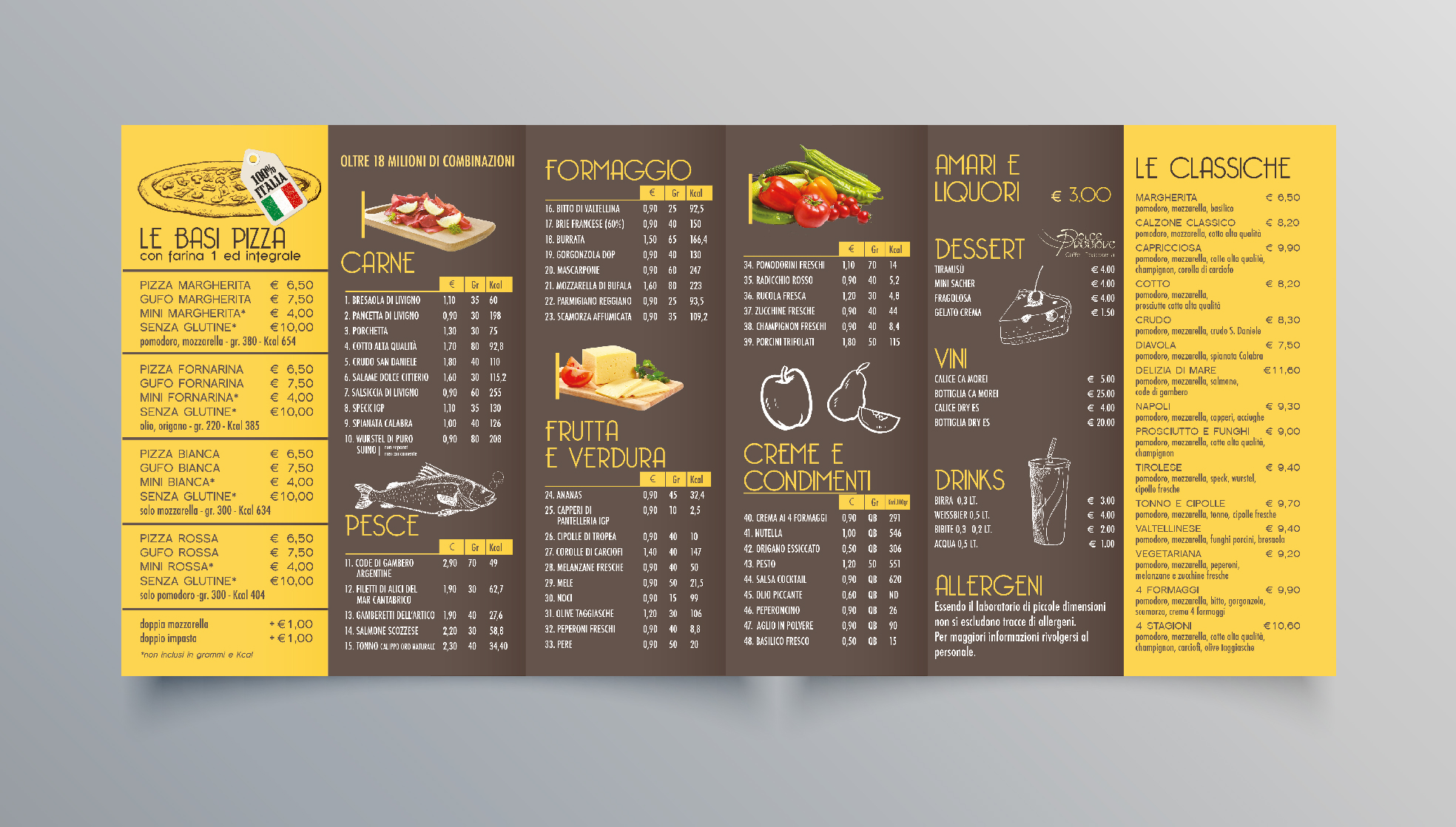 grafica per menù di pizzeria ad asporto a sei ante